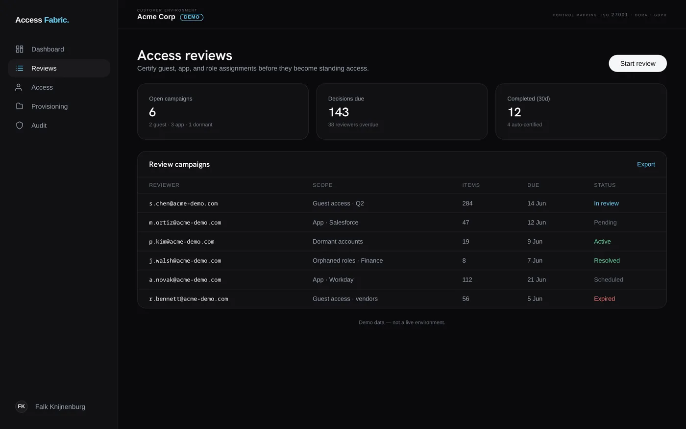 Access Fabric reviews screen